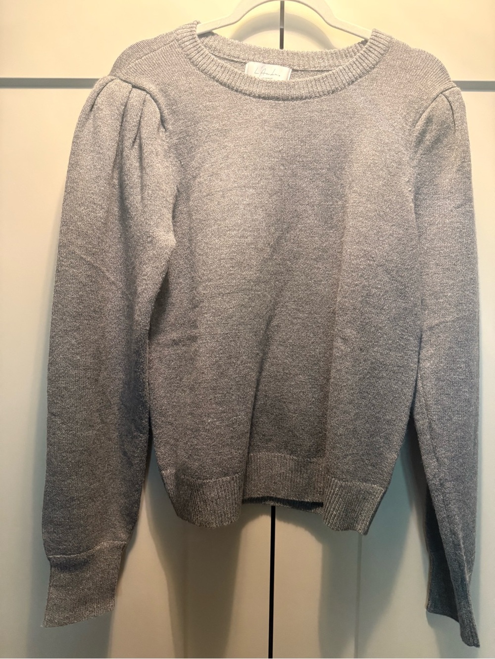 L'Academie Light Gray Puff-Sleeve Crewneck Sweater